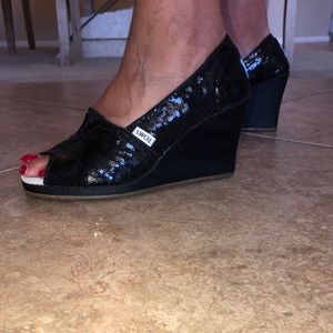 Black Sequin Toms Wedges